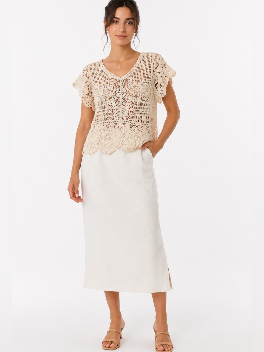 NWT Liv Los Angeles Ivory Crochet Lace Short Sleeve Tunic Top S